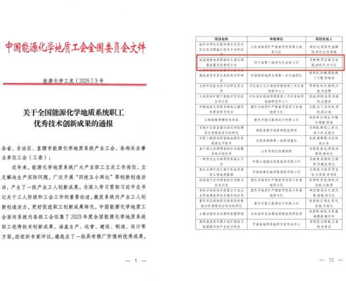 第四次上榜！三大队金钻公司再获全国能源化学地质系统职工优秀技术创新成果三等奖